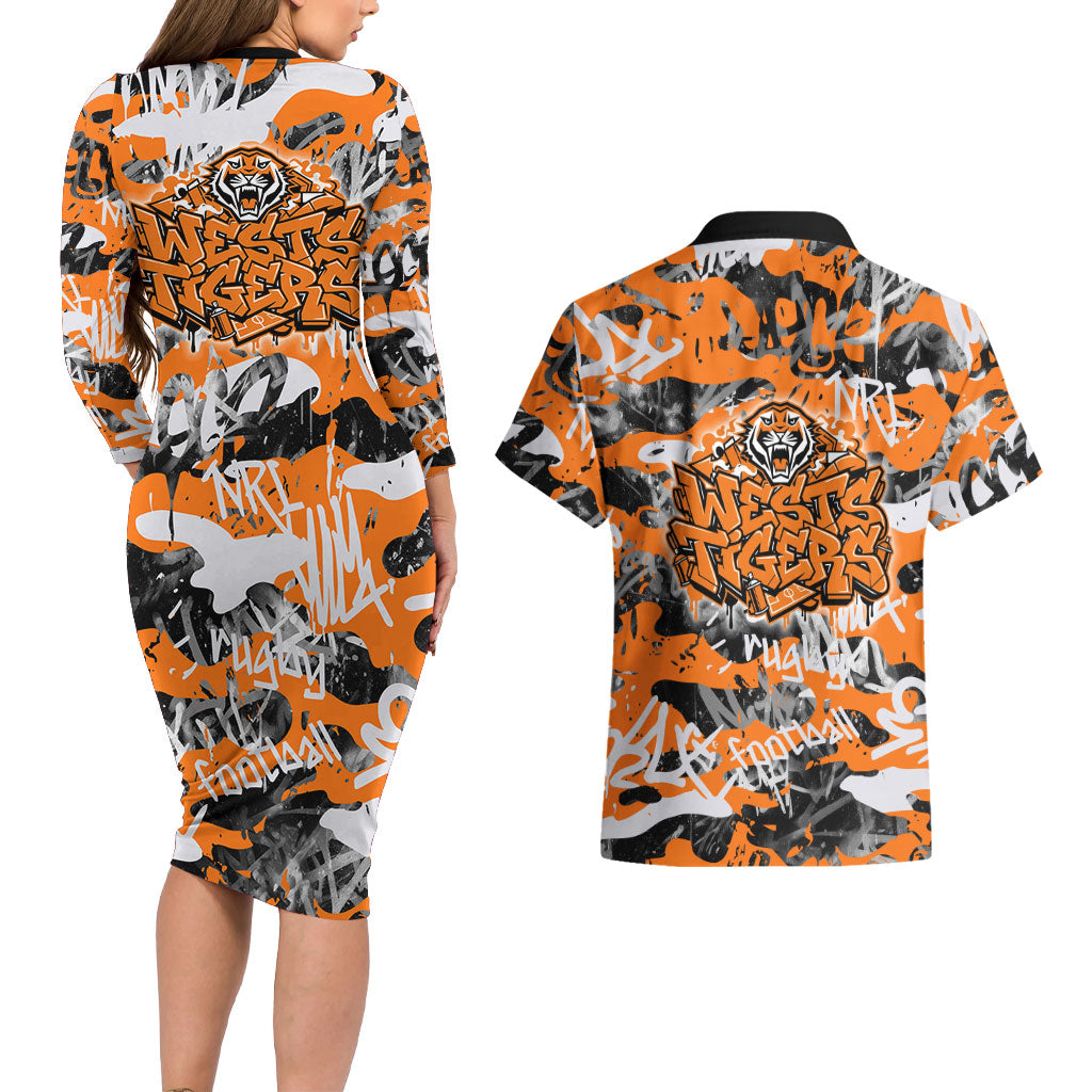 Wests Tigers Rugby Couples Matching Long Sleeve Bodycon Dress and Hawaiian Shirt Graffiti Typography Urban Camo Abstract Street Style