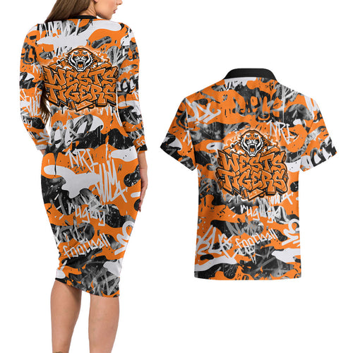 Wests Tigers Rugby Couples Matching Long Sleeve Bodycon Dress and Hawaiian Shirt Graffiti Typography Urban Camo Abstract Street Style