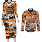 Wests Tigers Rugby Couples Matching Long Sleeve Bodycon Dress and Long Sleeve Button Shirt Graffiti Typography Urban Camo Abstract Street Style