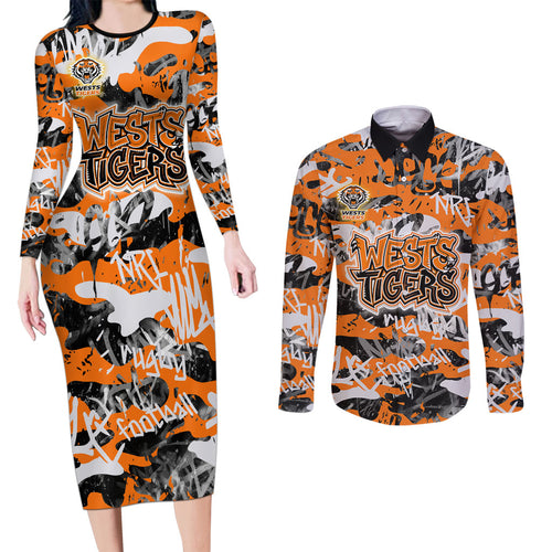 Wests Tigers Rugby Couples Matching Long Sleeve Bodycon Dress and Long Sleeve Button Shirt Graffiti Typography Urban Camo Abstract Street Style