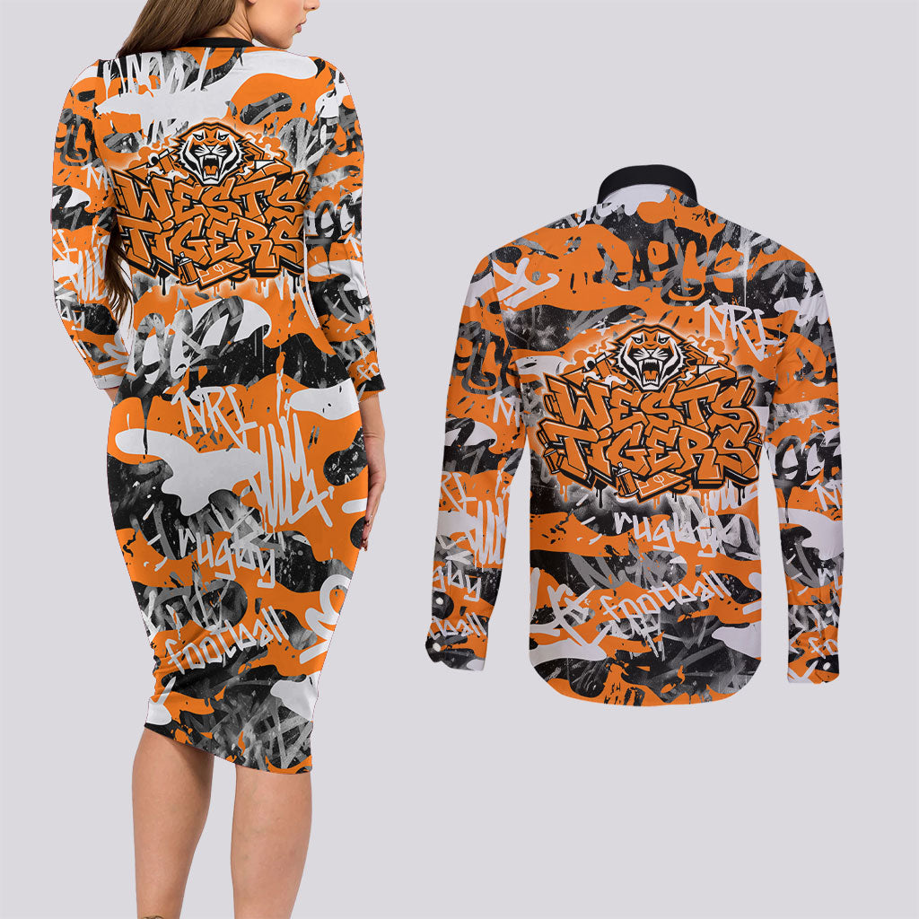 Wests Tigers Rugby Couples Matching Long Sleeve Bodycon Dress and Long Sleeve Button Shirt Graffiti Typography Urban Camo Abstract Street Style