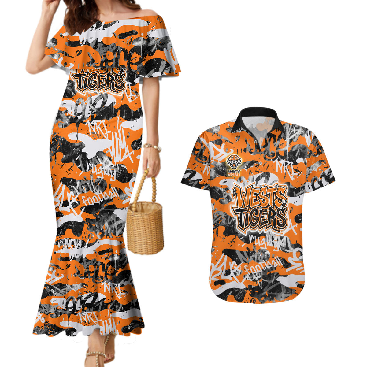 Wests Tigers Rugby Couples Matching Mermaid Dress and Hawaiian Shirt Graffiti Typography Urban Camo Abstract Street Style