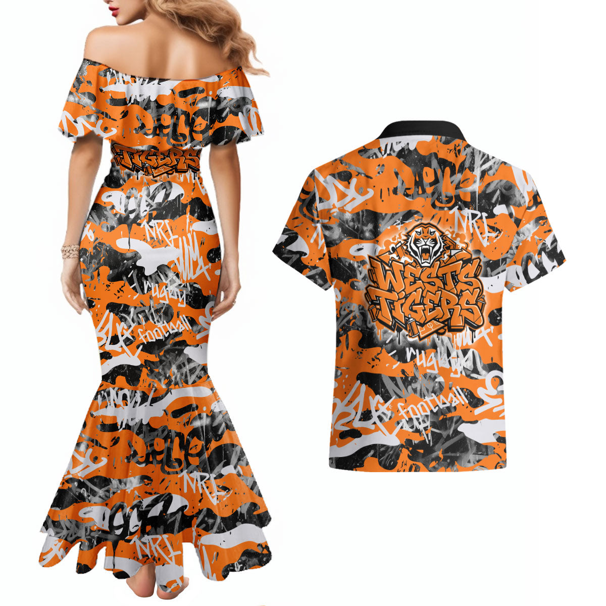 Wests Tigers Rugby Couples Matching Mermaid Dress and Hawaiian Shirt Graffiti Typography Urban Camo Abstract Street Style