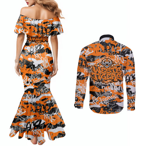 Wests Tigers Rugby Couples Matching Mermaid Dress and Long Sleeve Button Shirt Graffiti Typography Urban Camo Abstract Street Style
