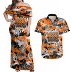 Wests Tigers Rugby Couples Matching Off Shoulder Maxi Dress and Hawaiian Shirt Graffiti Typography Urban Camo Abstract Street Style