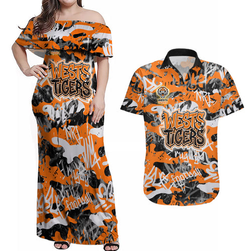 Wests Tigers Rugby Couples Matching Off Shoulder Maxi Dress and Hawaiian Shirt Graffiti Typography Urban Camo Abstract Street Style