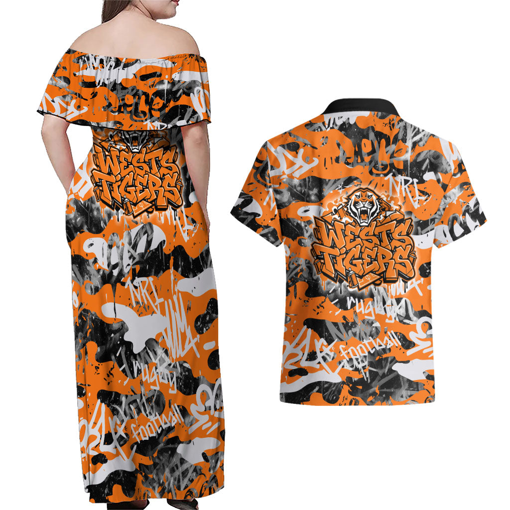 Wests Tigers Rugby Couples Matching Off Shoulder Maxi Dress and Hawaiian Shirt Graffiti Typography Urban Camo Abstract Street Style