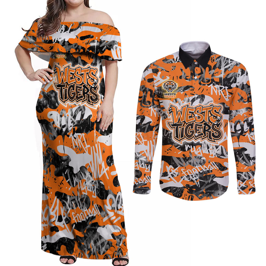 Wests Tigers Rugby Couples Matching Off Shoulder Maxi Dress and Long Sleeve Button Shirt Graffiti Typography Urban Camo Abstract Street Style