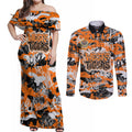 Wests Tigers Rugby Couples Matching Off Shoulder Maxi Dress and Long Sleeve Button Shirt Graffiti Typography Urban Camo Abstract Street Style
