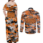 Wests Tigers Rugby Couples Matching Off Shoulder Maxi Dress and Long Sleeve Button Shirt Graffiti Typography Urban Camo Abstract Street Style