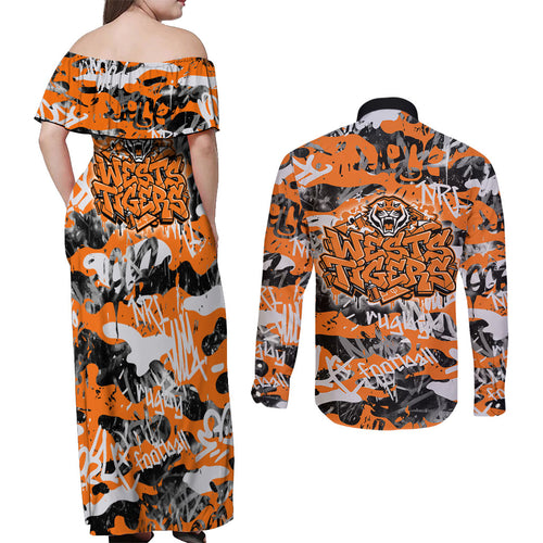 Wests Tigers Rugby Couples Matching Off Shoulder Maxi Dress and Long Sleeve Button Shirt Graffiti Typography Urban Camo Abstract Street Style