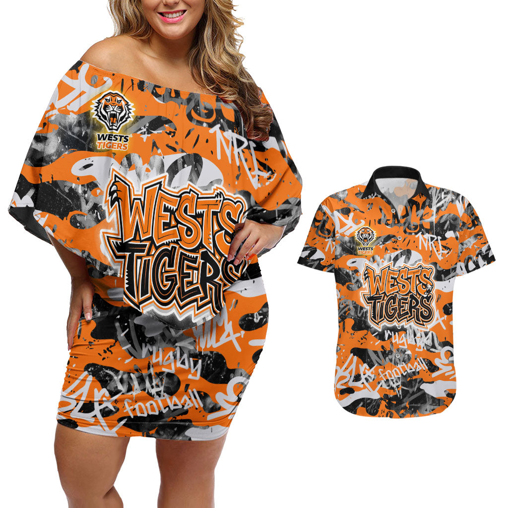 Wests Tigers Rugby Couples Matching Off Shoulder Short Dress and Hawaiian Shirt Graffiti Typography Urban Camo Abstract Street Style