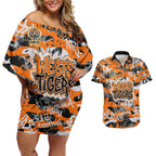 Wests Tigers Rugby Couples Matching Off Shoulder Short Dress and Hawaiian Shirt Graffiti Typography Urban Camo Abstract Street Style