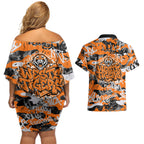 Wests Tigers Rugby Couples Matching Off Shoulder Short Dress and Hawaiian Shirt Graffiti Typography Urban Camo Abstract Street Style