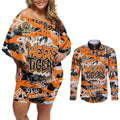 Wests Tigers Rugby Couples Matching Off Shoulder Short Dress and Long Sleeve Button Shirt Graffiti Typography Urban Camo Abstract Street Style