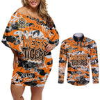 Wests Tigers Rugby Couples Matching Off Shoulder Short Dress and Long Sleeve Button Shirt Graffiti Typography Urban Camo Abstract Street Style