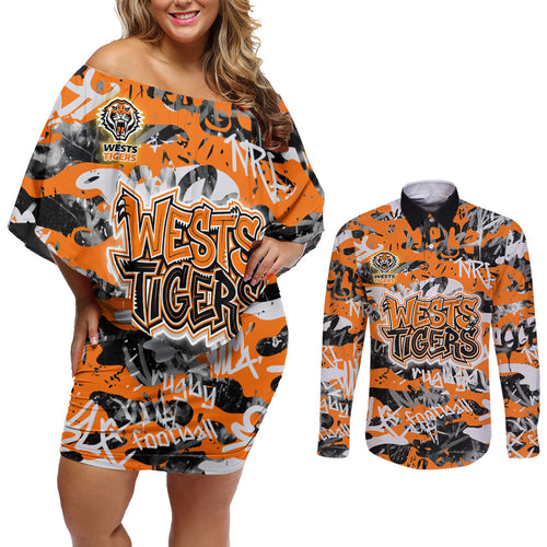 Wests Tigers Rugby Couples Matching Off Shoulder Short Dress and Long Sleeve Button Shirt Graffiti Typography Urban Camo Abstract Street Style