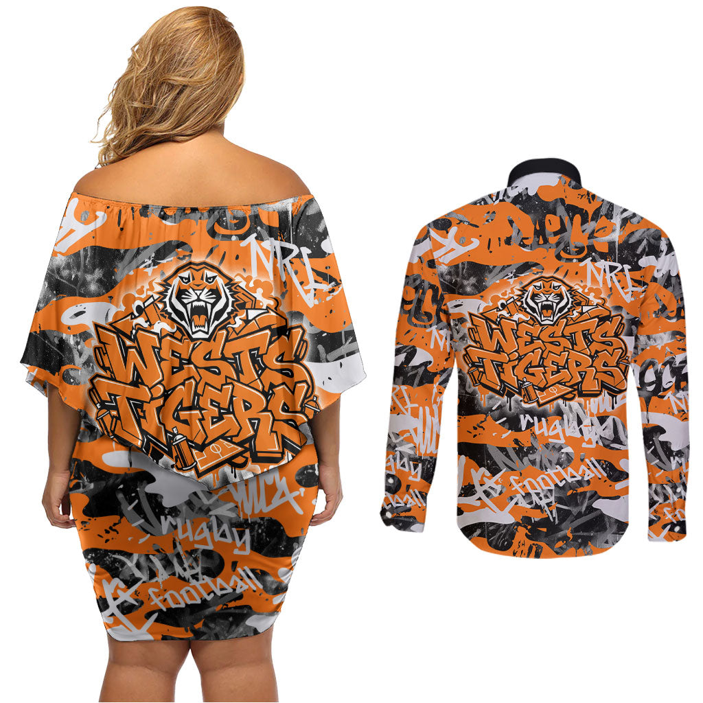 Wests Tigers Rugby Couples Matching Off Shoulder Short Dress and Long Sleeve Button Shirt Graffiti Typography Urban Camo Abstract Street Style