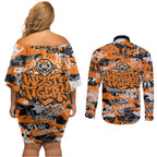 Wests Tigers Rugby Couples Matching Off Shoulder Short Dress and Long Sleeve Button Shirt Graffiti Typography Urban Camo Abstract Street Style