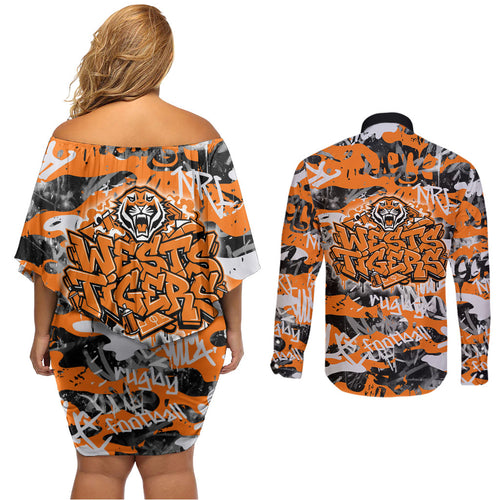 Wests Tigers Rugby Couples Matching Off Shoulder Short Dress and Long Sleeve Button Shirt Graffiti Typography Urban Camo Abstract Street Style