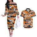 Wests Tigers Rugby Couples Matching Off The Shoulder Long Sleeve Dress and Hawaiian Shirt Graffiti Typography Urban Camo Abstract Street Style