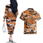 Wests Tigers Rugby Couples Matching Off The Shoulder Long Sleeve Dress and Hawaiian Shirt Graffiti Typography Urban Camo Abstract Street Style