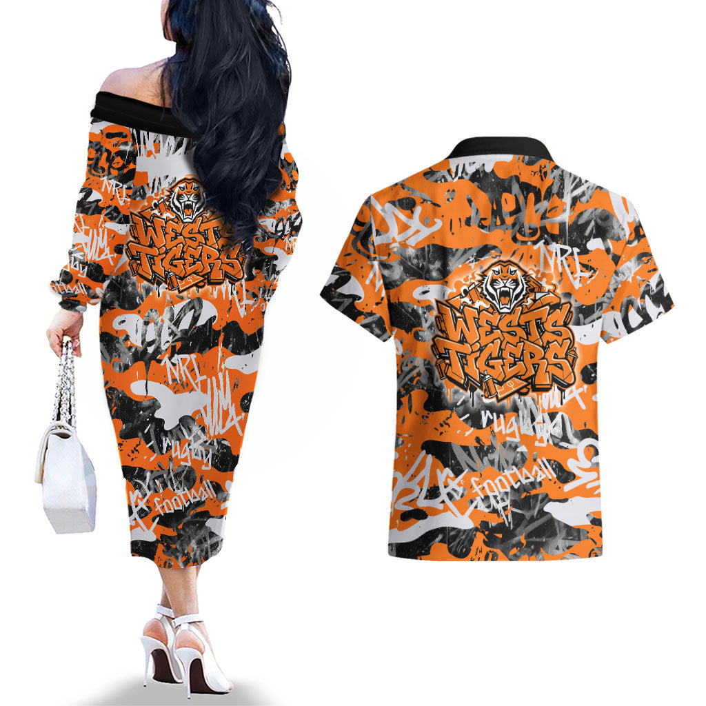 Wests Tigers Rugby Couples Matching Off The Shoulder Long Sleeve Dress and Hawaiian Shirt Graffiti Typography Urban Camo Abstract Street Style