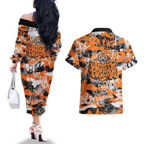 Wests Tigers Rugby Couples Matching Off The Shoulder Long Sleeve Dress and Hawaiian Shirt Graffiti Typography Urban Camo Abstract Street Style
