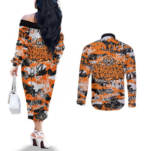 Wests Tigers Rugby Couples Matching Off The Shoulder Long Sleeve Dress and Long Sleeve Button Shirt Graffiti Typography Urban Camo Abstract Street Style