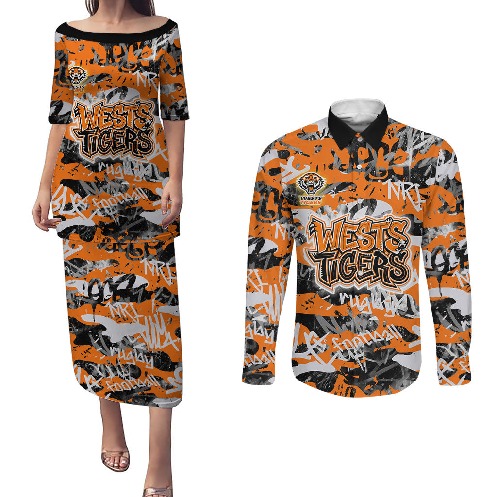 Wests Tigers Rugby Couples Matching Puletasi and Long Sleeve Button Shirt Graffiti Typography Urban Camo Abstract Street Style
