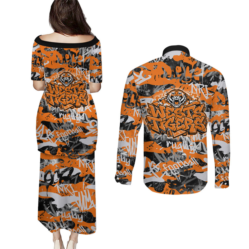 Wests Tigers Rugby Couples Matching Puletasi and Long Sleeve Button Shirt Graffiti Typography Urban Camo Abstract Street Style