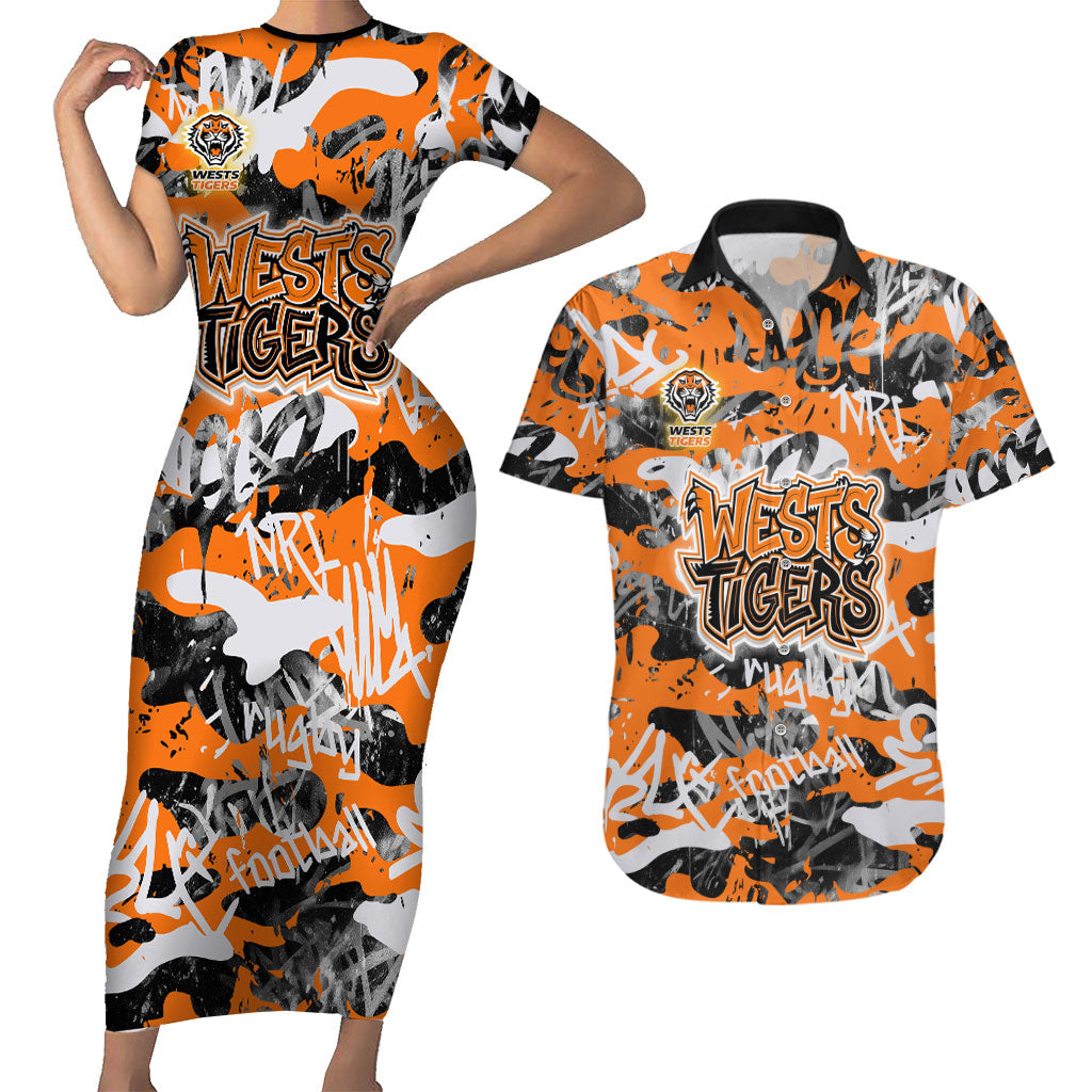 Wests Tigers Rugby Couples Matching Short Sleeve Bodycon Dress and Hawaiian Shirt Graffiti Typography Urban Camo Abstract Street Style
