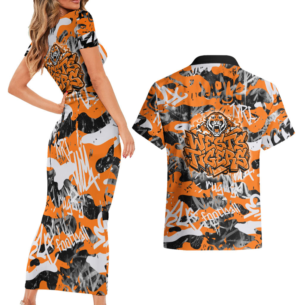 Wests Tigers Rugby Couples Matching Short Sleeve Bodycon Dress and Hawaiian Shirt Graffiti Typography Urban Camo Abstract Street Style