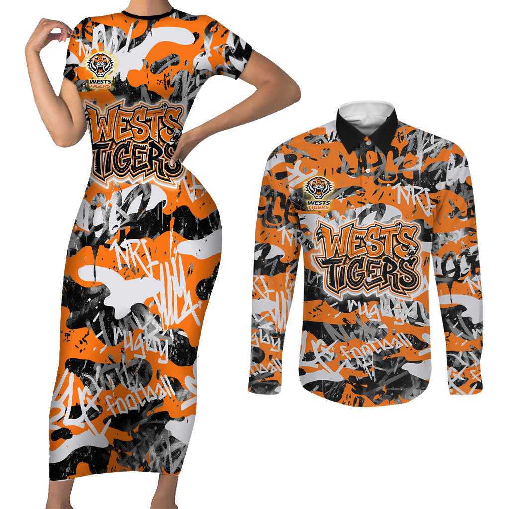 Wests Tigers Rugby Couples Matching Short Sleeve Bodycon Dress and Long Sleeve Button Shirt Graffiti Typography Urban Camo Abstract Street Style