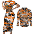 Wests Tigers Rugby Couples Matching Short Sleeve Bodycon Dress and Long Sleeve Button Shirt Graffiti Typography Urban Camo Abstract Street Style