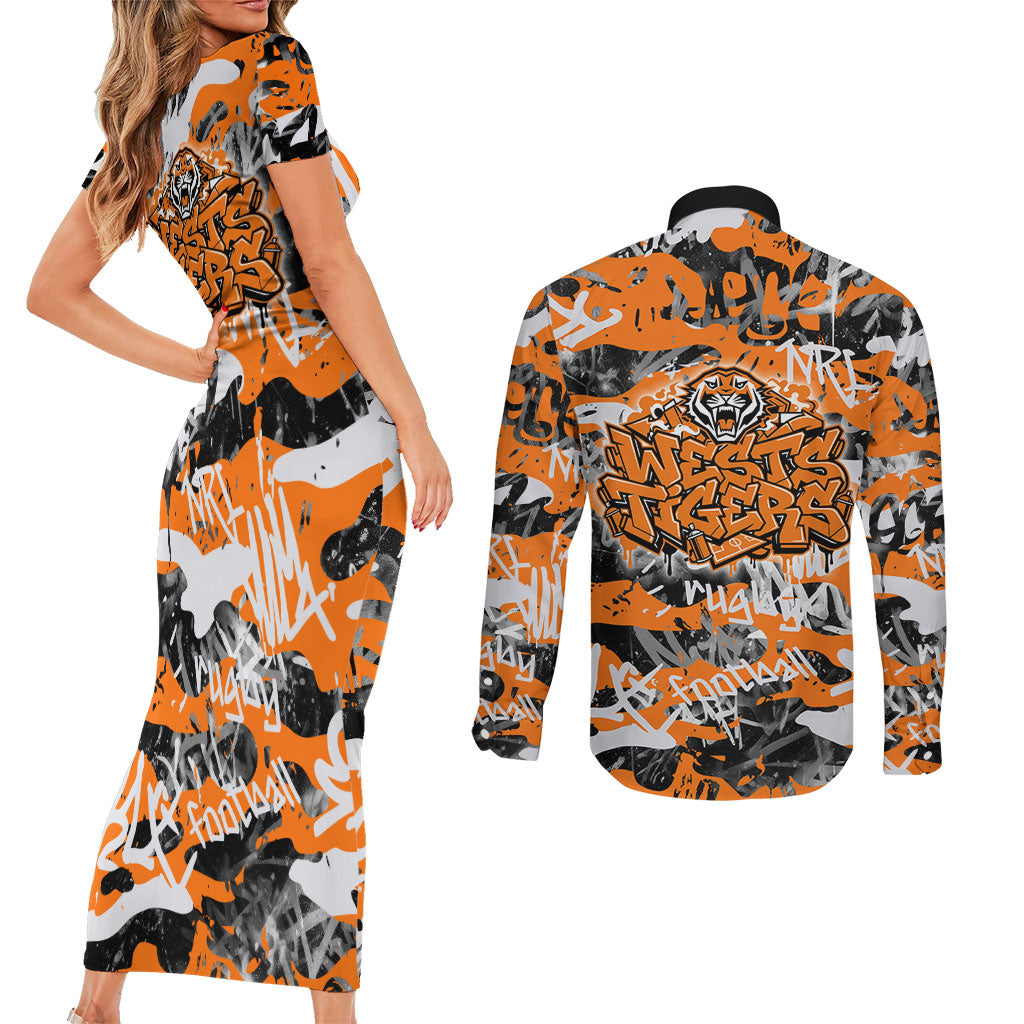 Wests Tigers Rugby Couples Matching Short Sleeve Bodycon Dress and Long Sleeve Button Shirt Graffiti Typography Urban Camo Abstract Street Style