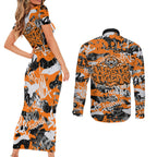 Wests Tigers Rugby Couples Matching Short Sleeve Bodycon Dress and Long Sleeve Button Shirt Graffiti Typography Urban Camo Abstract Street Style