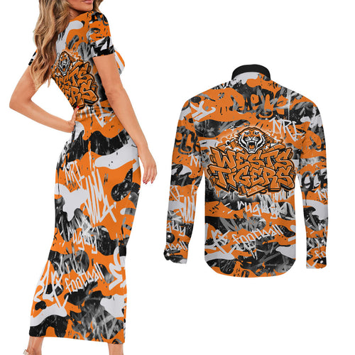 Wests Tigers Rugby Couples Matching Short Sleeve Bodycon Dress and Long Sleeve Button Shirt Graffiti Typography Urban Camo Abstract Street Style