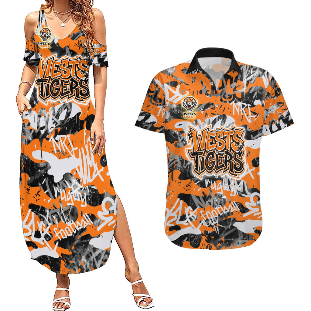 Wests Tigers Rugby Couples Matching Summer Maxi Dress and Hawaiian Shirt Graffiti Typography Urban Camo Abstract Street Style