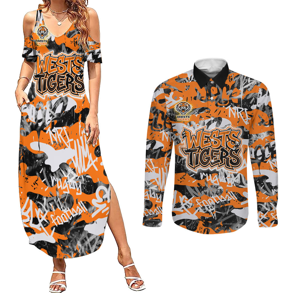 Wests Tigers Rugby Couples Matching Summer Maxi Dress and Long Sleeve Button Shirt Graffiti Typography Urban Camo Abstract Street Style