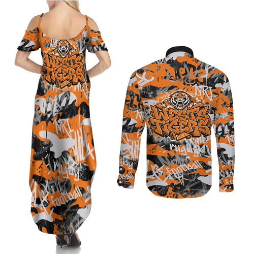 Wests Tigers Rugby Couples Matching Summer Maxi Dress and Long Sleeve Button Shirt Graffiti Typography Urban Camo Abstract Street Style