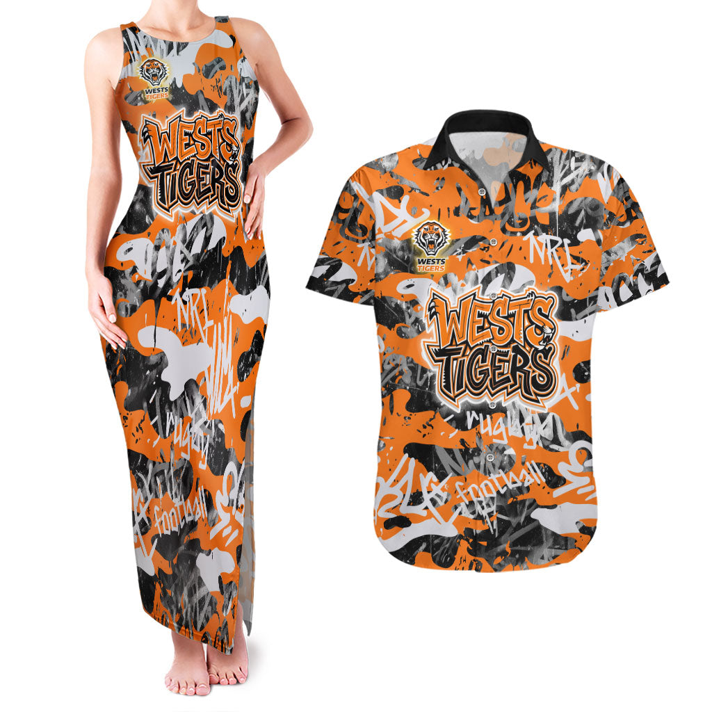 Wests Tigers Rugby Couples Matching Tank Maxi Dress and Hawaiian Shirt Graffiti Typography Urban Camo Abstract Street Style