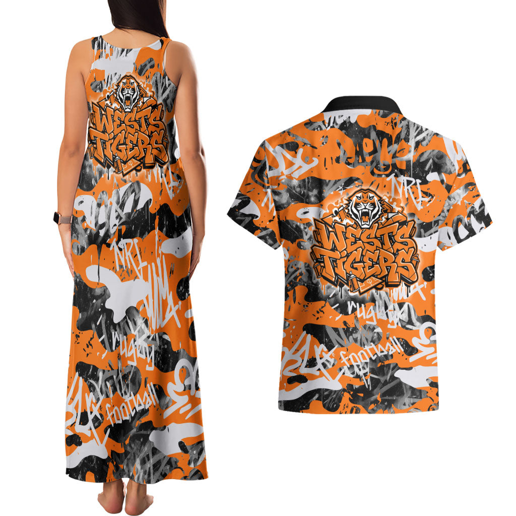 Wests Tigers Rugby Couples Matching Tank Maxi Dress and Hawaiian Shirt Graffiti Typography Urban Camo Abstract Street Style