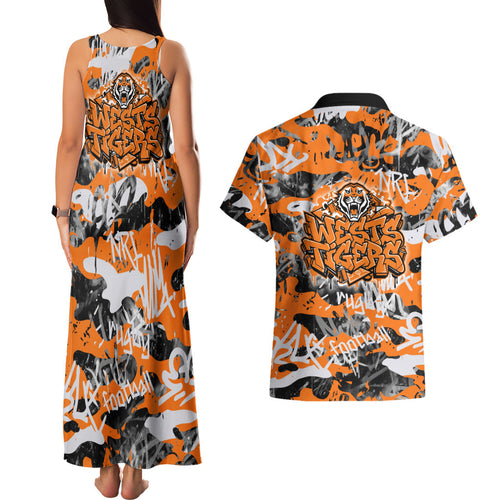 Wests Tigers Rugby Couples Matching Tank Maxi Dress and Hawaiian Shirt Graffiti Typography Urban Camo Abstract Street Style