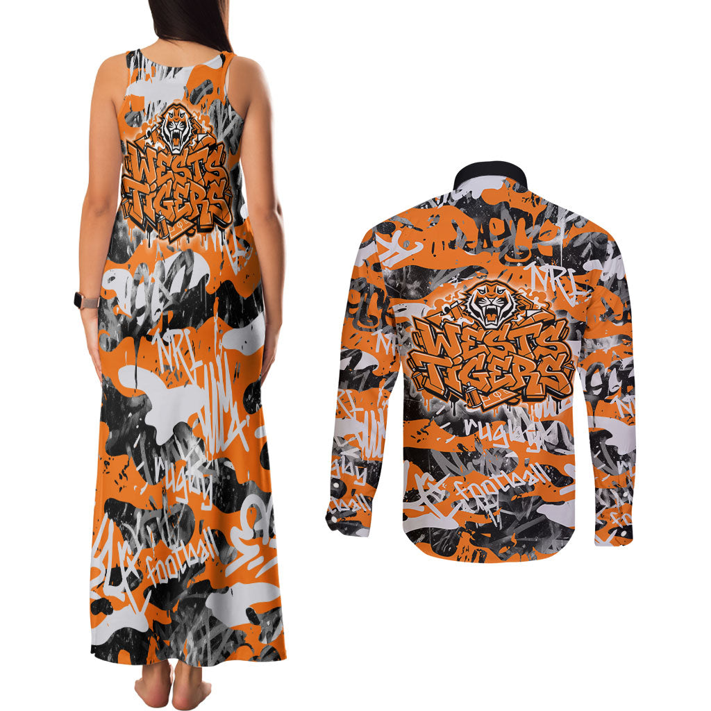Wests Tigers Rugby Couples Matching Tank Maxi Dress and Long Sleeve Button Shirt Graffiti Typography Urban Camo Abstract Street Style