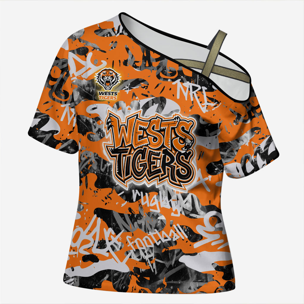 Wests Tigers Rugby Cross Shoulder Shirt Graffiti Typography Urban Camo Abstract Street Style