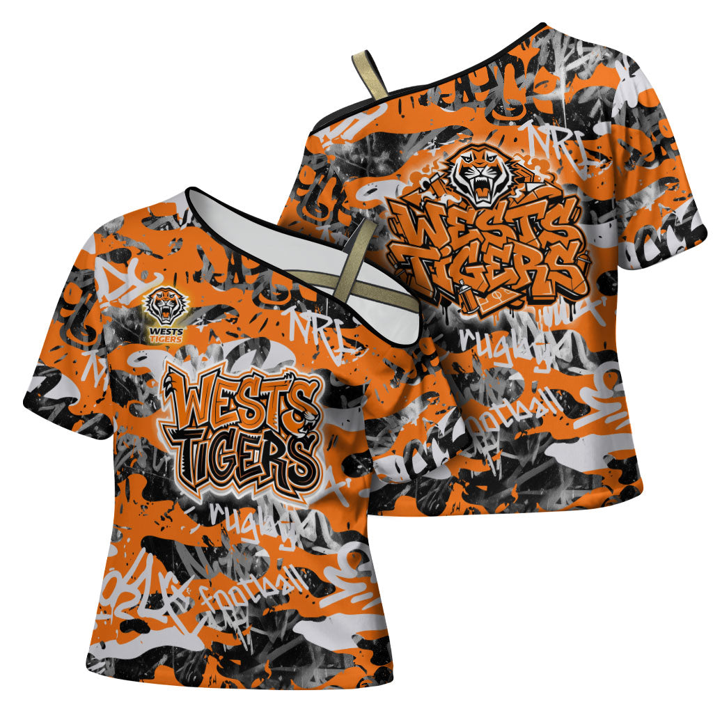 Wests Tigers Rugby Cross Shoulder Shirt Graffiti Typography Urban Camo Abstract Street Style