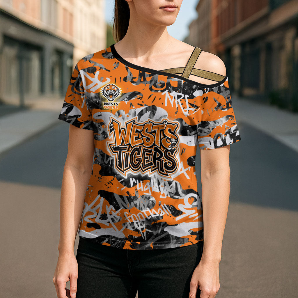 Wests Tigers Rugby Cross Shoulder Shirt Graffiti Typography Urban Camo Abstract Street Style