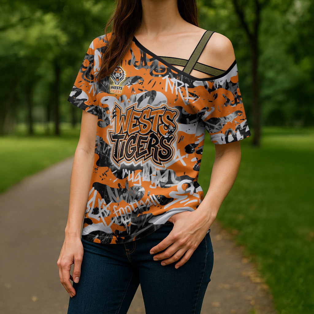 Wests Tigers Rugby Cross Shoulder Shirt Graffiti Typography Urban Camo Abstract Street Style