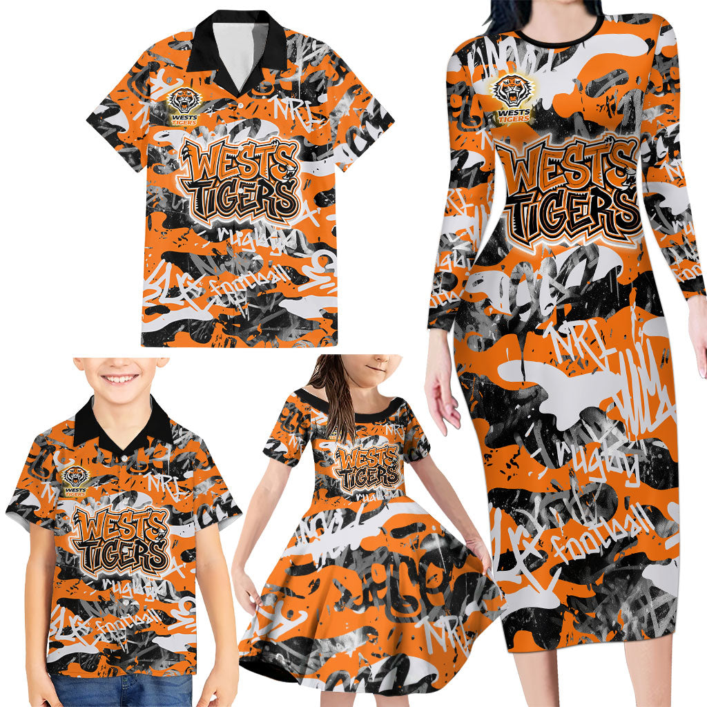 Wests Tigers Rugby Family Matching Long Sleeve Bodycon Dress and Hawaiian Shirt Graffiti Typography Urban Camo Abstract Street Style